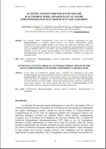 ACTIVITE ANTILEVURIENNE D’UNE SOUCHE  D’ACTINOBACTERIE APPARTENANT AU GENRE  STREPTOSPORANGIUM ET ISOLEE D’UN SOL SAHARIEN