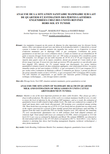 ANALYSE DE LA SITUATION SANITAIRE MAMMAIRE SUR LAIT  DE QUARTIER ET ESTIMATION DES PERTES LAITIÈRES  ENGENDRÉES CHEZ DES UNITÉS BOVINES   HORS SOL EN TUNISIE