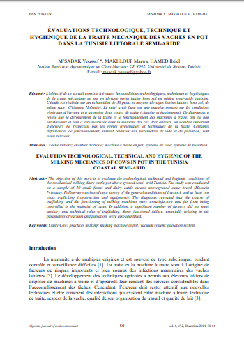 ÉVALUATIONS TECHNOLOGIQUE, TECHNIQUE ET  HYGIENIQUE DE LA TRAITE MECANIQUE DES VACHES EN POT DANS LA TUNISIE LITTORALE SEMI-ARIDE