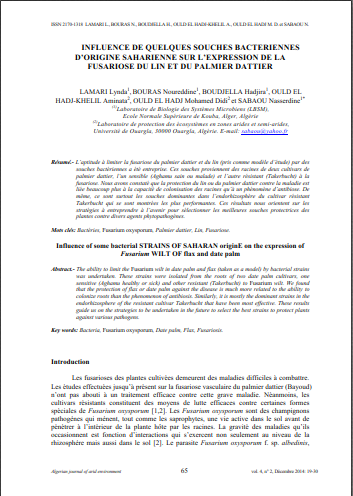 INFLUENCE DE QUELQUES SOUCHES BACTERIENNES  D’ORIGINE SAHARIENNE SUR L’EXPRESSION DE LA  FUSARIOSE DU LIN ET DU PALMIER DATTIER