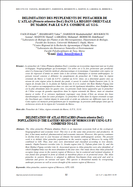 DELIMITATION DES PEUPLEMENTS DU PISTACHIER DE  L’ATLAS (Pistacia atlantica Desf.) DANS LA REGION ORIENTALE  DU MAROC PAR LE G.P.S. COMBINE AU S.I.G.