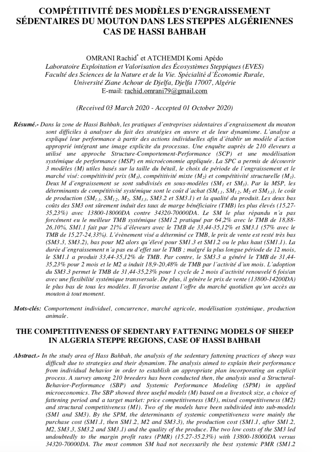 COMPÉTITIVITÉ DES MODÈLES D’ENGRAISSEMENT SÉDENTAIRES DU MOUTON DANS LES STEPPES ALGÉRIENNES CAS DE HASSI BAHBAH