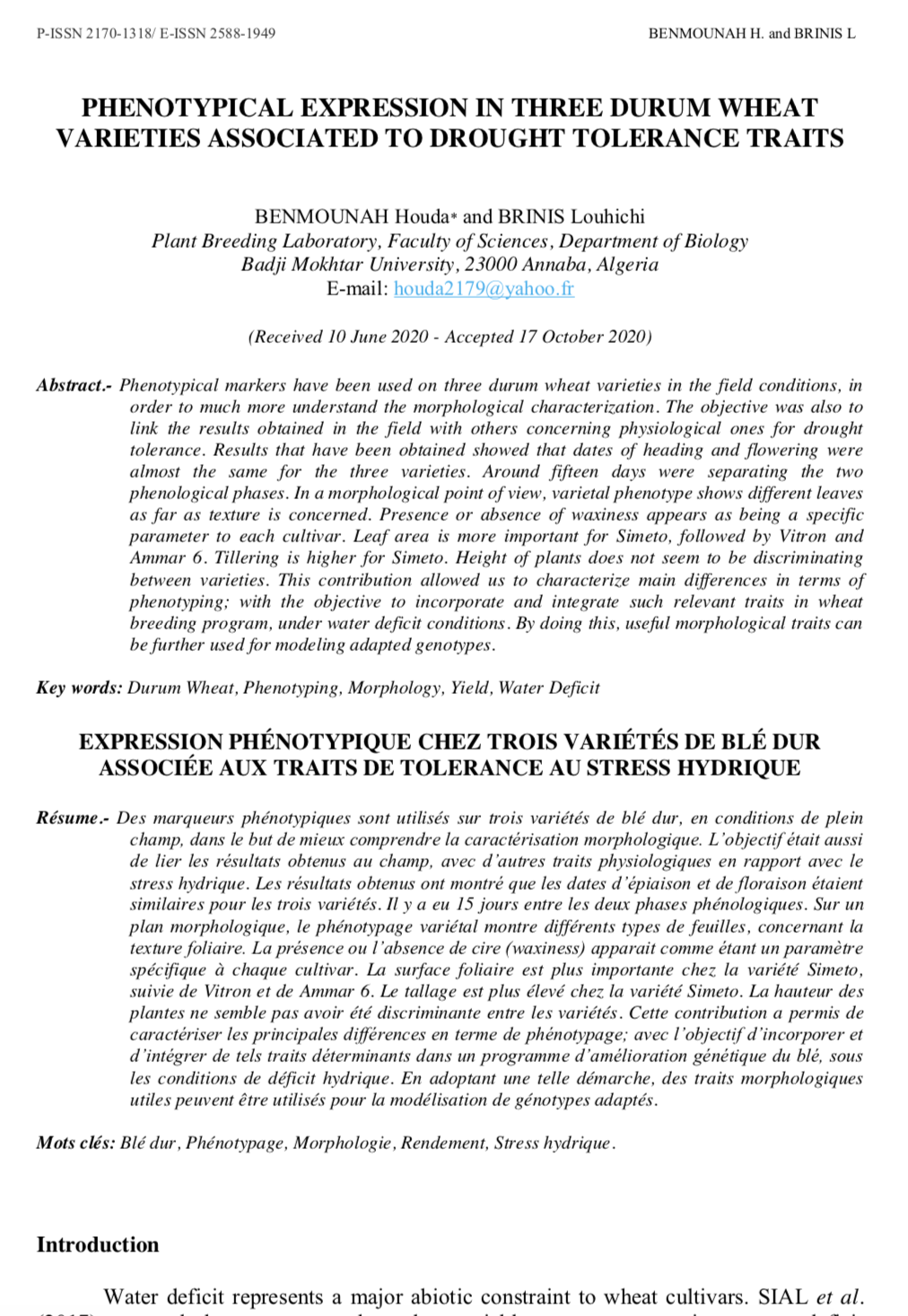 PHENOTYPICAL EXPRESSION IN THREE DURUM WHEAT VARIETIES ASSOCIATED TO DROUGHT TOLERANCE TRAITS