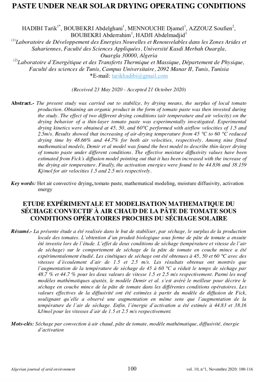 EXPERIMENTAL INVESTIGATION AND MATHEMATICAL MODELING OF HOT AIR CONVECTIVE DRYING OF TOMATO PASTE UNDER NEAR SOLAR DRYING OPERATING CONDITIONS