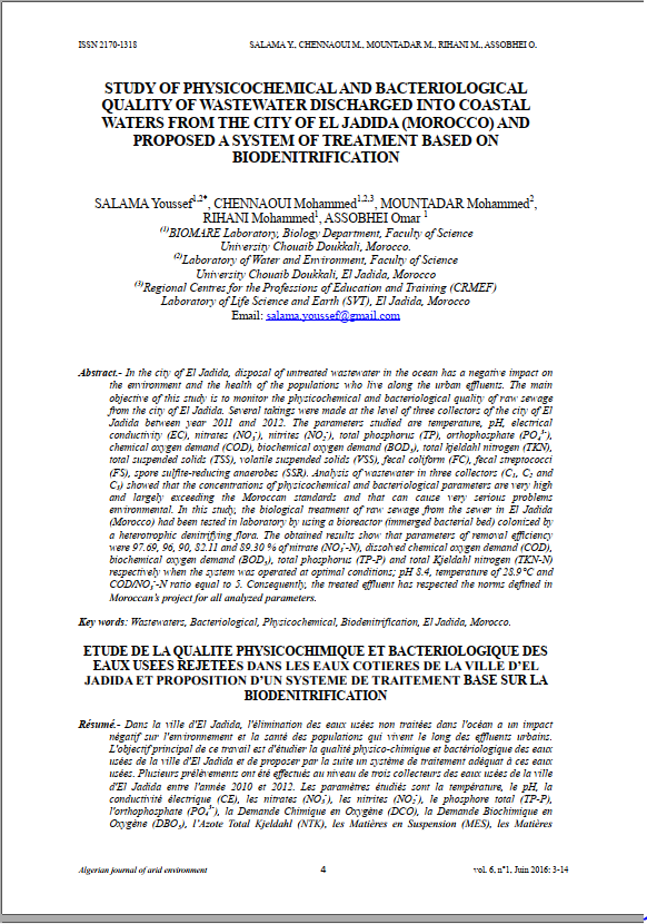 STUDY OF PHYSICOCHEMICAL AND BACTERIOLOGICAL QUALITY OF WASTEWATER DISCHARGED INTO COASTAL WATERS FROM THE CITY OF EL JADIDA (MOROCCO) AND PROPOSED A SYSTEM OF TREATMENT BASED ON BIODENITRIFICATION