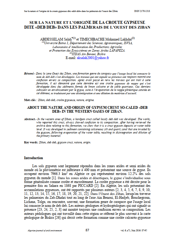 SUR LA NATURE ET L’ORIGINE DE LA CROUTE GYPSEUSE DITE «DEB DEB» DANS LES PALMERAIS DE L’OUEST DES ZIBAN