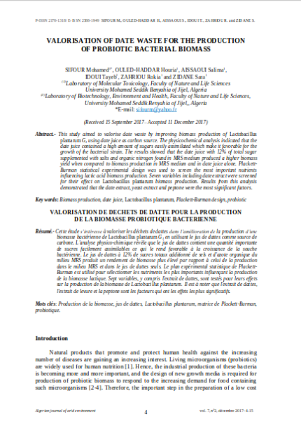 VALORISATION OF DATE WASTE FOR THE PRODUCTIONpdf  OF PROBIOTIC BACTERIAL BIOMASS