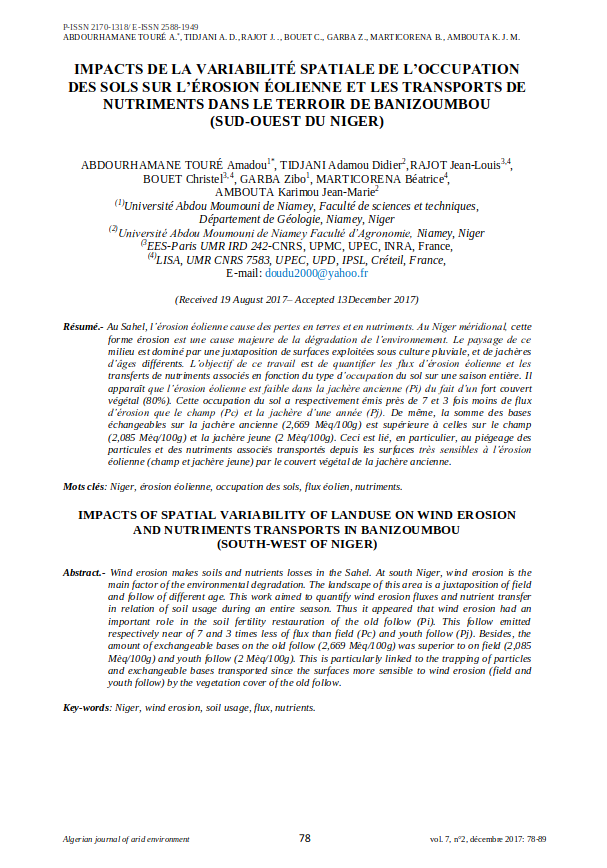 MPACTS DE LA VARIABILITÉ SPATIALE DE L’OCCUPATION DES SOLS SUR L’ÉROSION ÉOLIENNE ET LES TRANSPORTS DE NUTRIMENTS DANS LE TERROIR DE BANIZOUMBOU (SUD-OUEST DU NIGER)