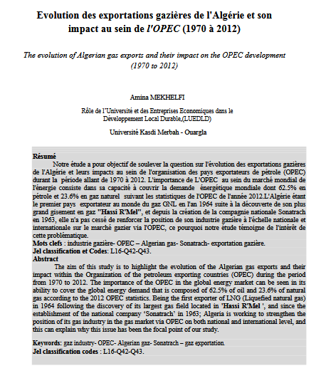 Evolution des exportations gazières de l'Algérie et son impact au sein de l'OPEC  (1970 à 2012)