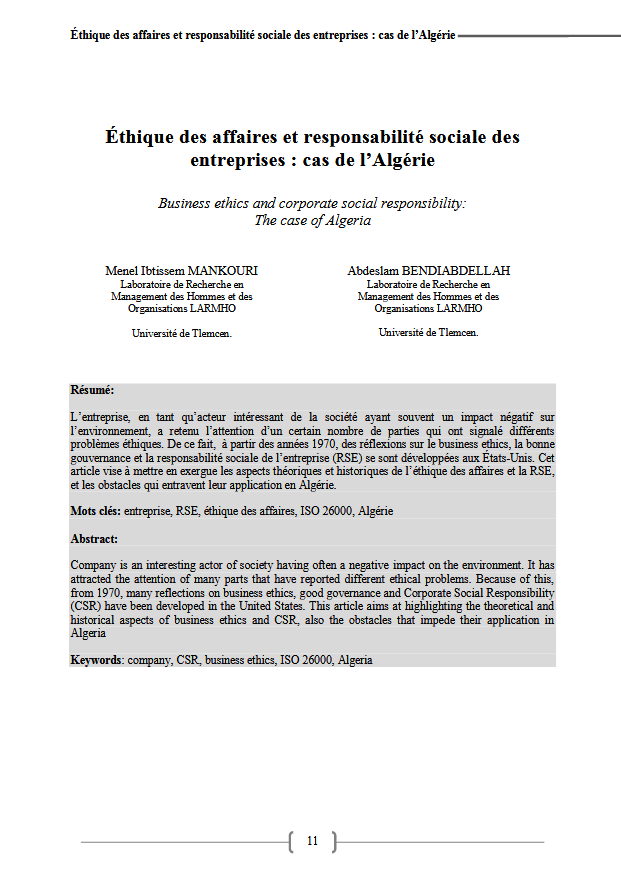Éthique des affaires et responsabilité sociale des entreprises: cas de l’Algérie